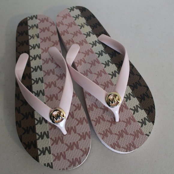 MICHAEL KORS LOGO STRIPES FLIP FLOPS SANDALS 9 - Picture 2 of 5